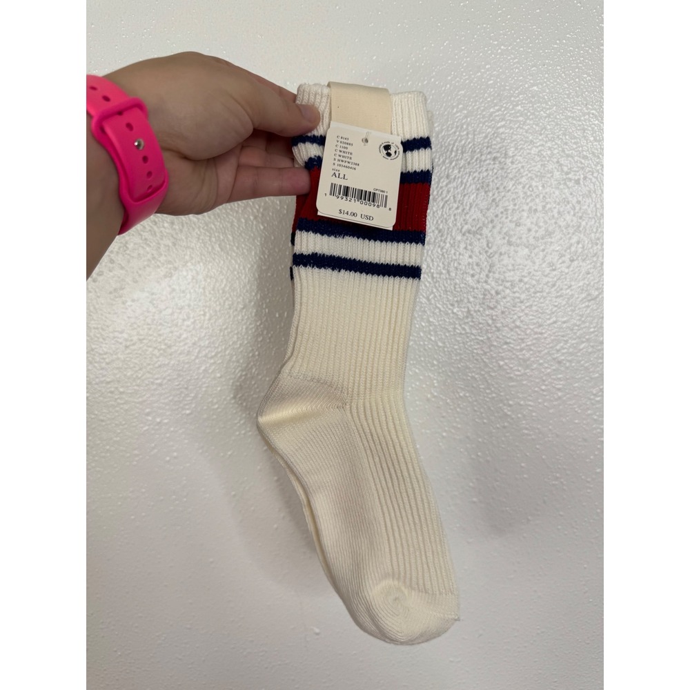 Free People Varsity Stripe Crew Socks White Red Blue Ribbed Athletic NWT